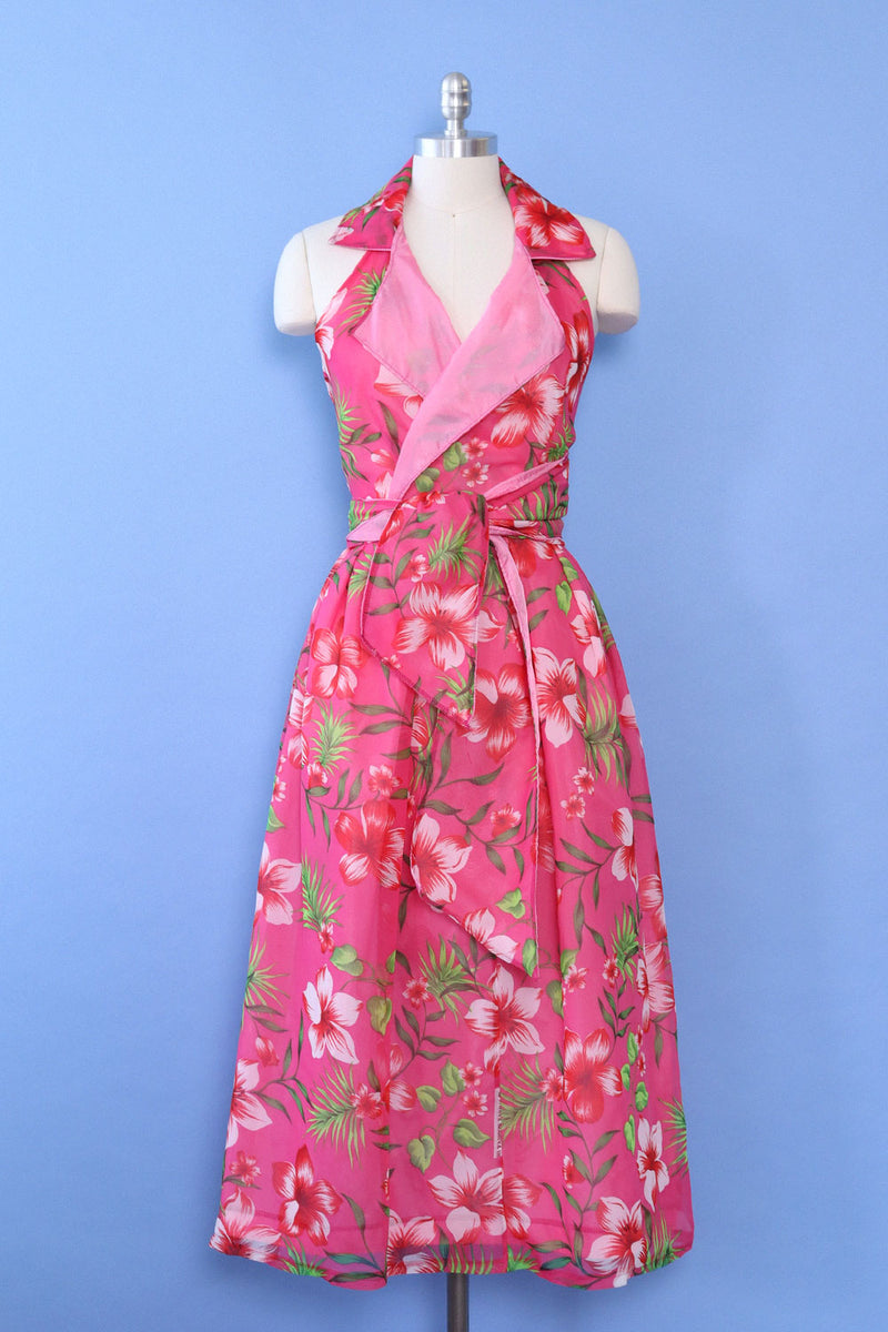 Hot Pink Hibiscus Halter Dress L OMNIA Hot Pink Hibiscus Halter Dress L OMNIA