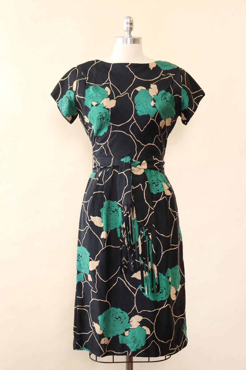 1950s Silk Bottle Green Floral Dress XS/S OMNIA 1950s Silk Bottle Green Floral Dress XS/S OMNIA