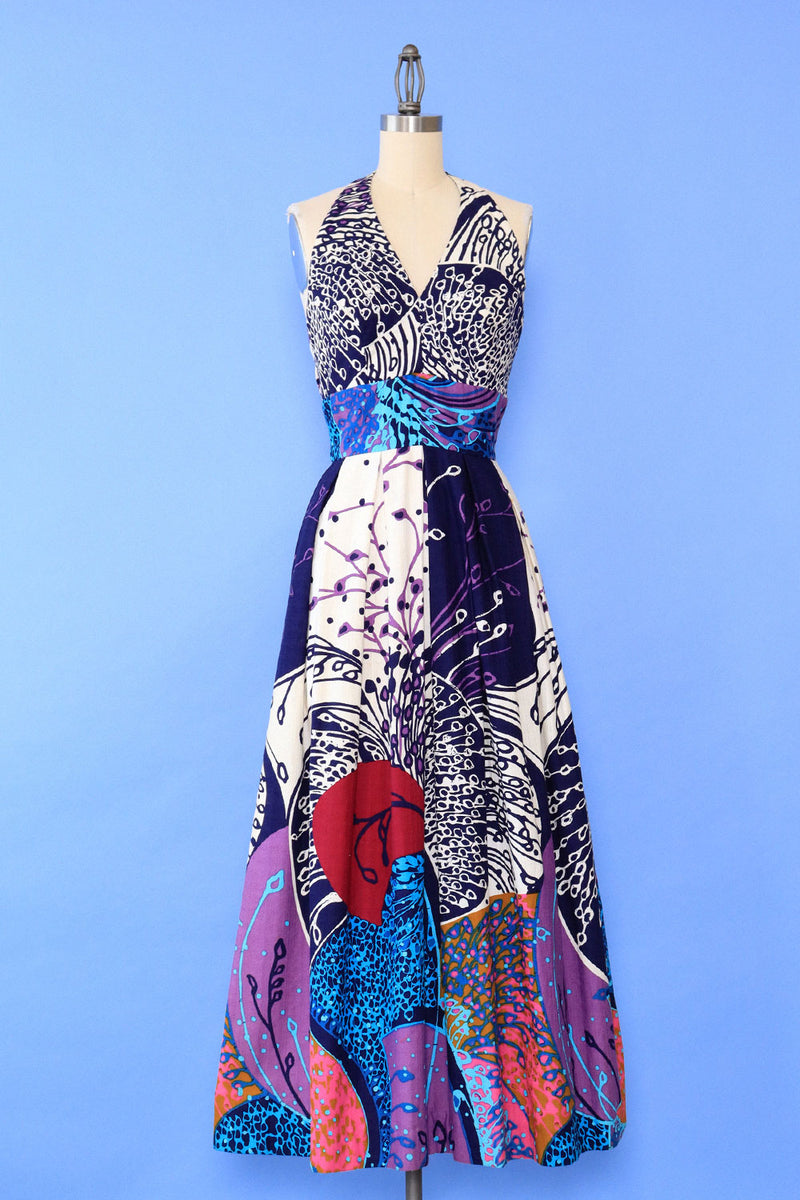 Barkcloth Bonanza Halter Maxi Dress S/M Barkcloth Bonanza Halter Maxi Dress S/M