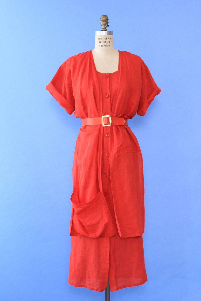 Tomato Red Linen Pocket Dress/Duster XS-M Tomato Red Linen Pocket Dress/Duster XS-M
