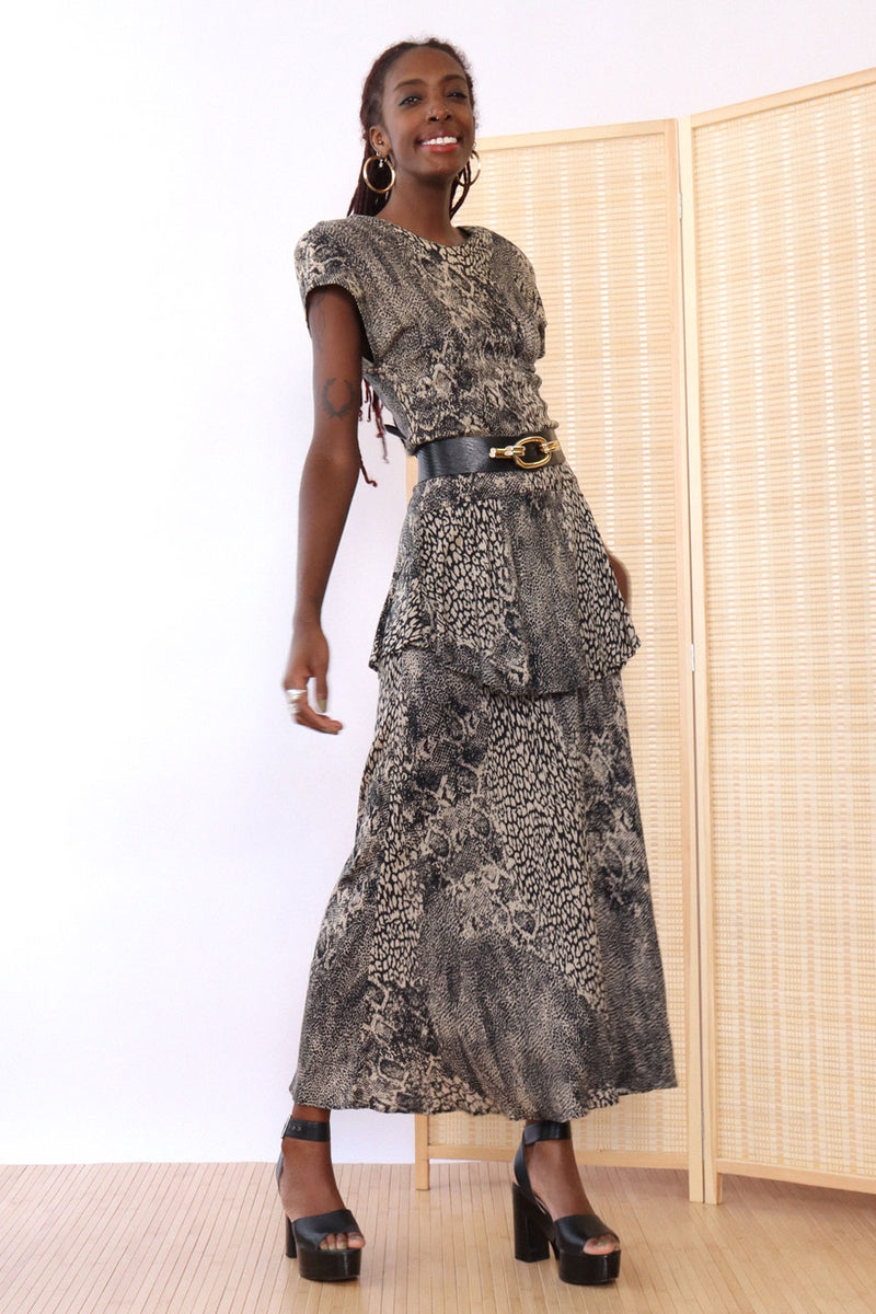 animal print peplum dress Cow Print Drop Waist Dress XS Beige/Brown by Lane 201