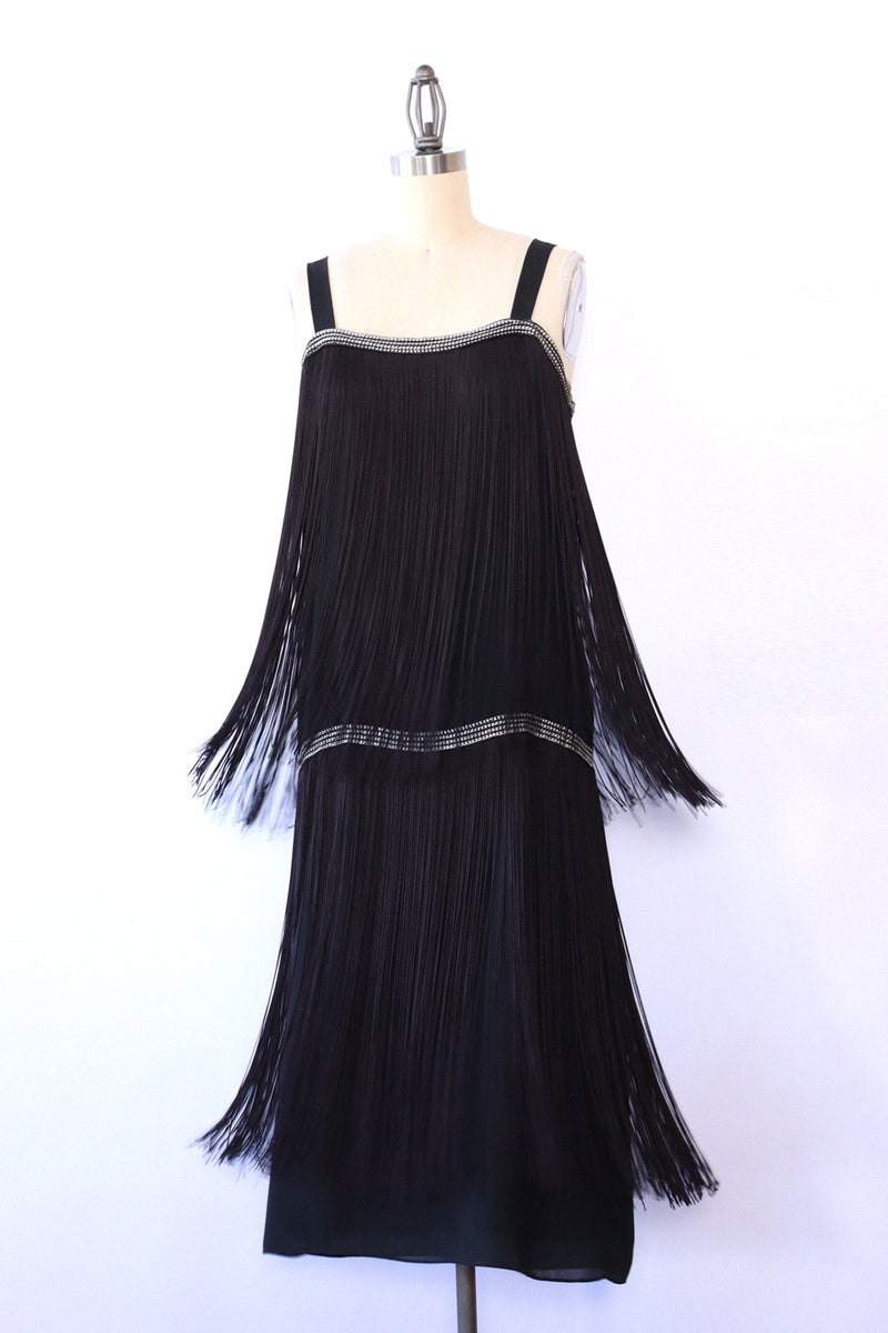flapper black dress Night Sky Fringed Flapper Dress M – OMNIA