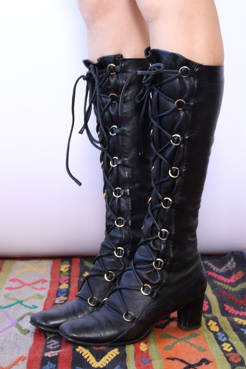 1960s Black Leather Lace Up Go-Go Boots