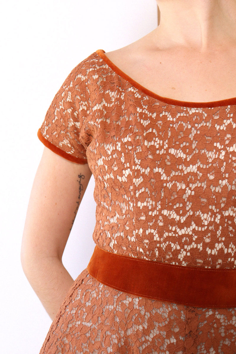 1950s Copper Lace Velvet Dress XS 1950s Copper Lace Velvet Dress XS