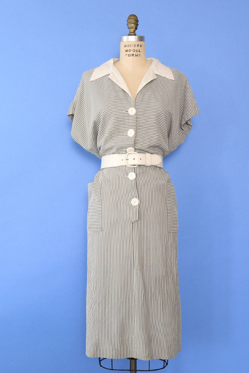 1940s Striped Seersucker Day Dress L/XL – OMNIA