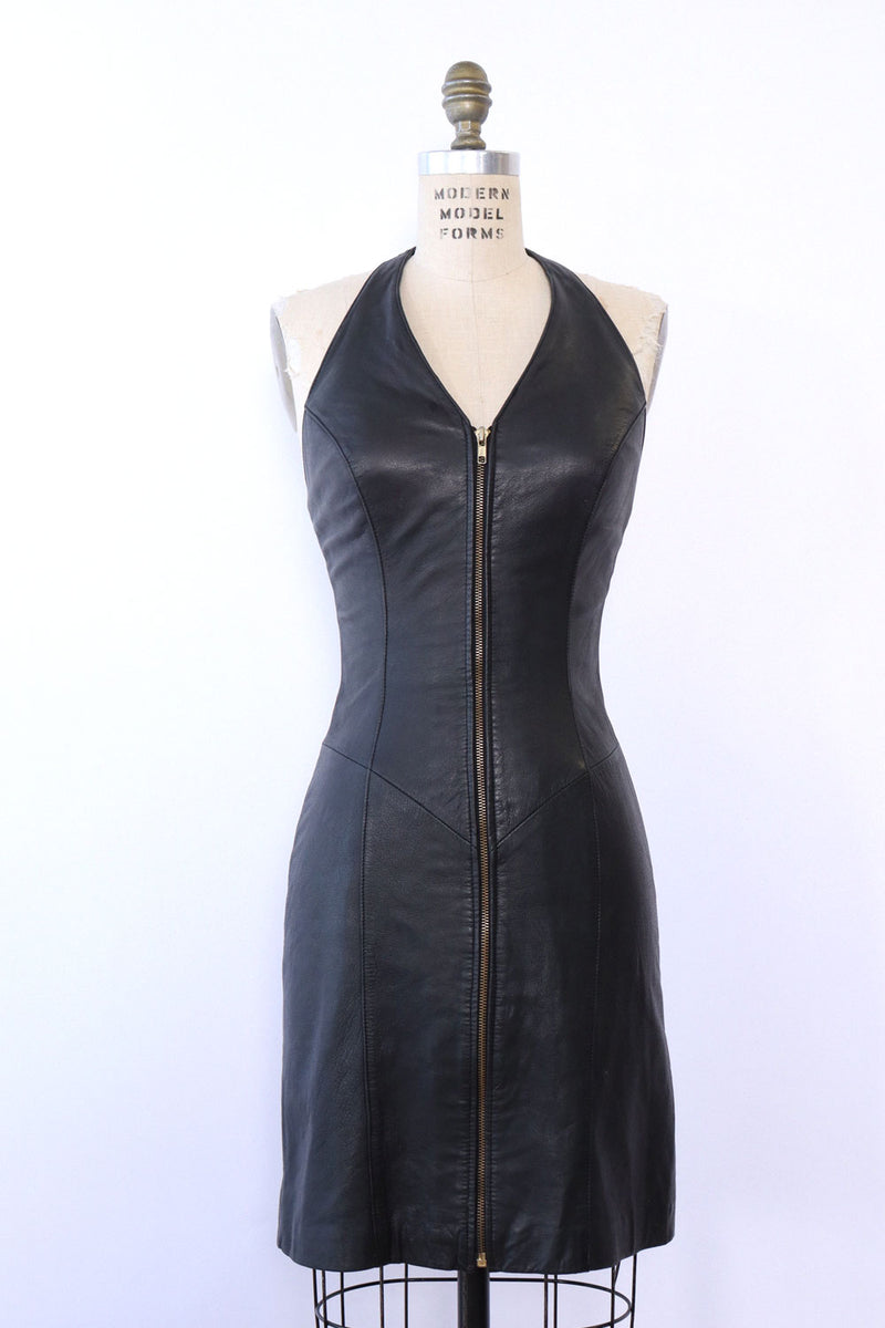 Zip Up Leather Halter Dress S OMNIA Zip Up Leather Halter Dress S OMNIA