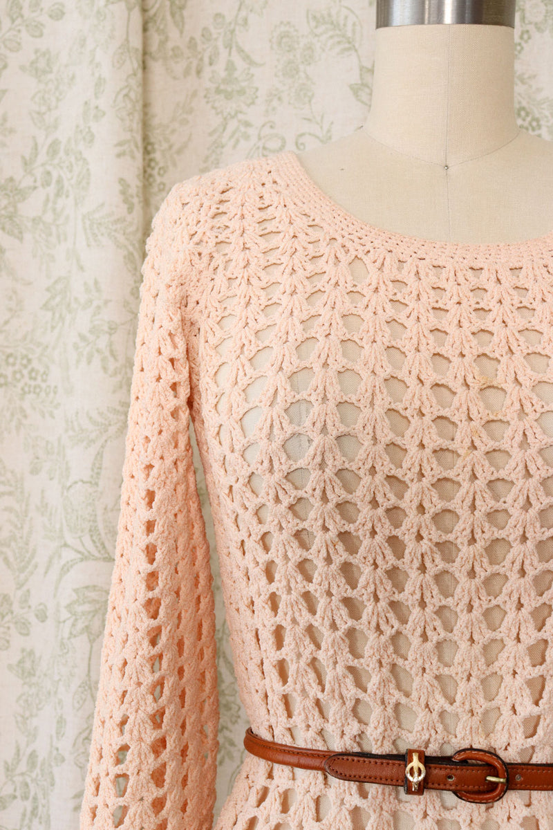 blush crochet dress 1930s Ivory Hand Crochet and Tulle Gown with Blush Under Skirt