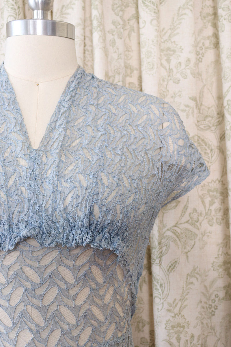 hazy blue dress Celisse Hazy Blue Lace Square Collar Waist Cinched Midi Dress, Sheer Mesh French Romantic Style Date Dress