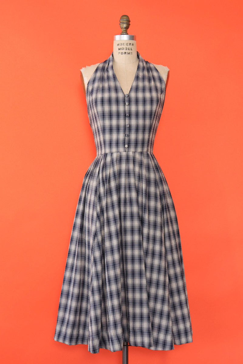Navy Bardot Plaid Dress L OMNIA Navy Bardot Plaid Dress L OMNIA