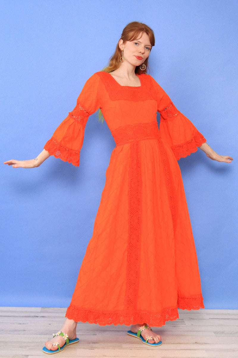 Tangerine Lace Trim Mexican Dress S OMNIA Tangerine Lace Trim Mexican Dress S OMNIA