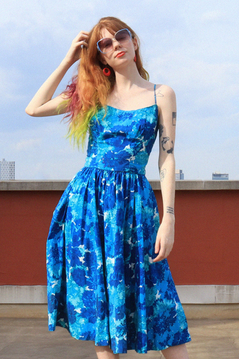 Blues Flowery Cotton Dress S-S/M OMNIA Blues Flowery Cotton Dress S-S/M OMNIA