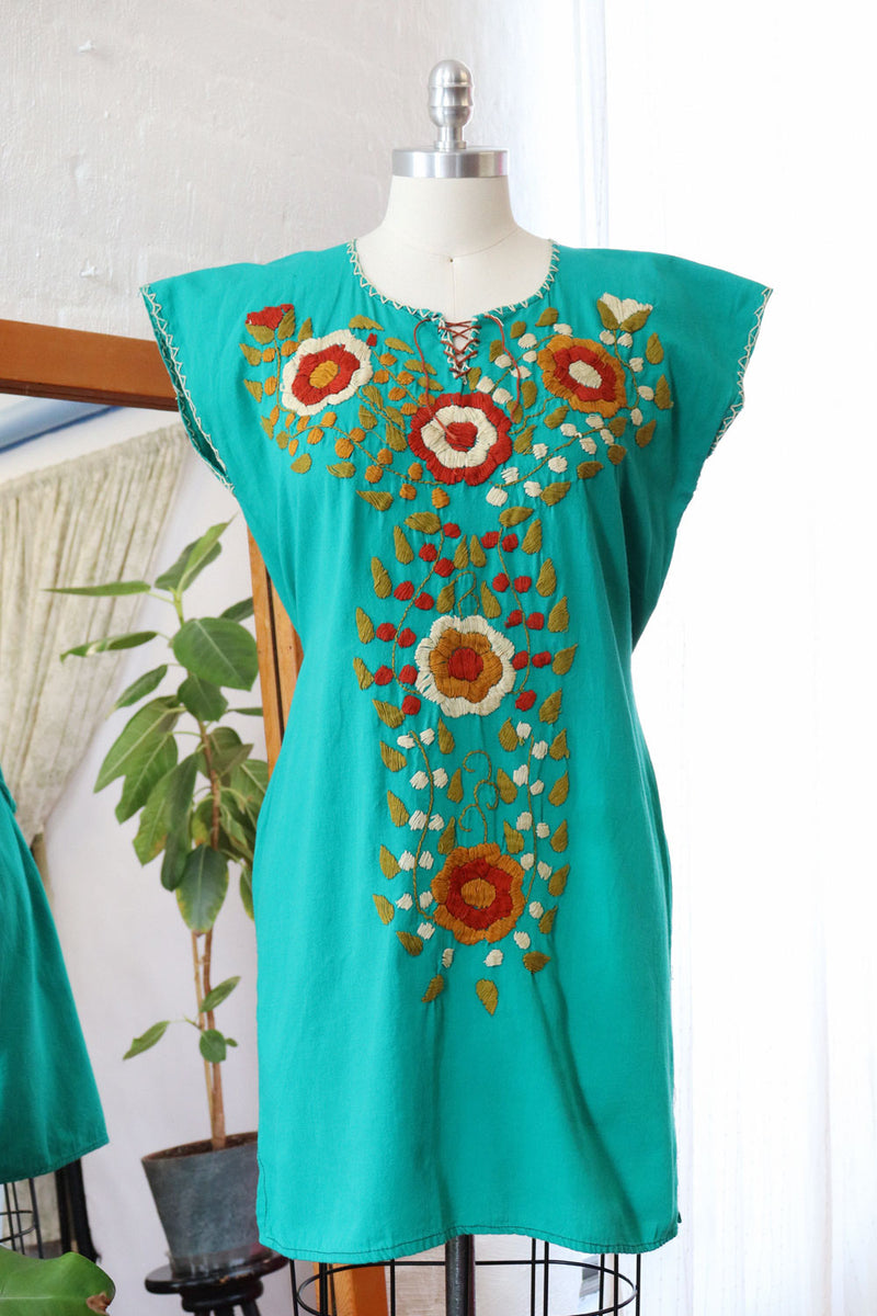 Teal Embroidered Mini Dress XS-M OMNIA Teal Embroidered Mini Dress XS-M OMNIA