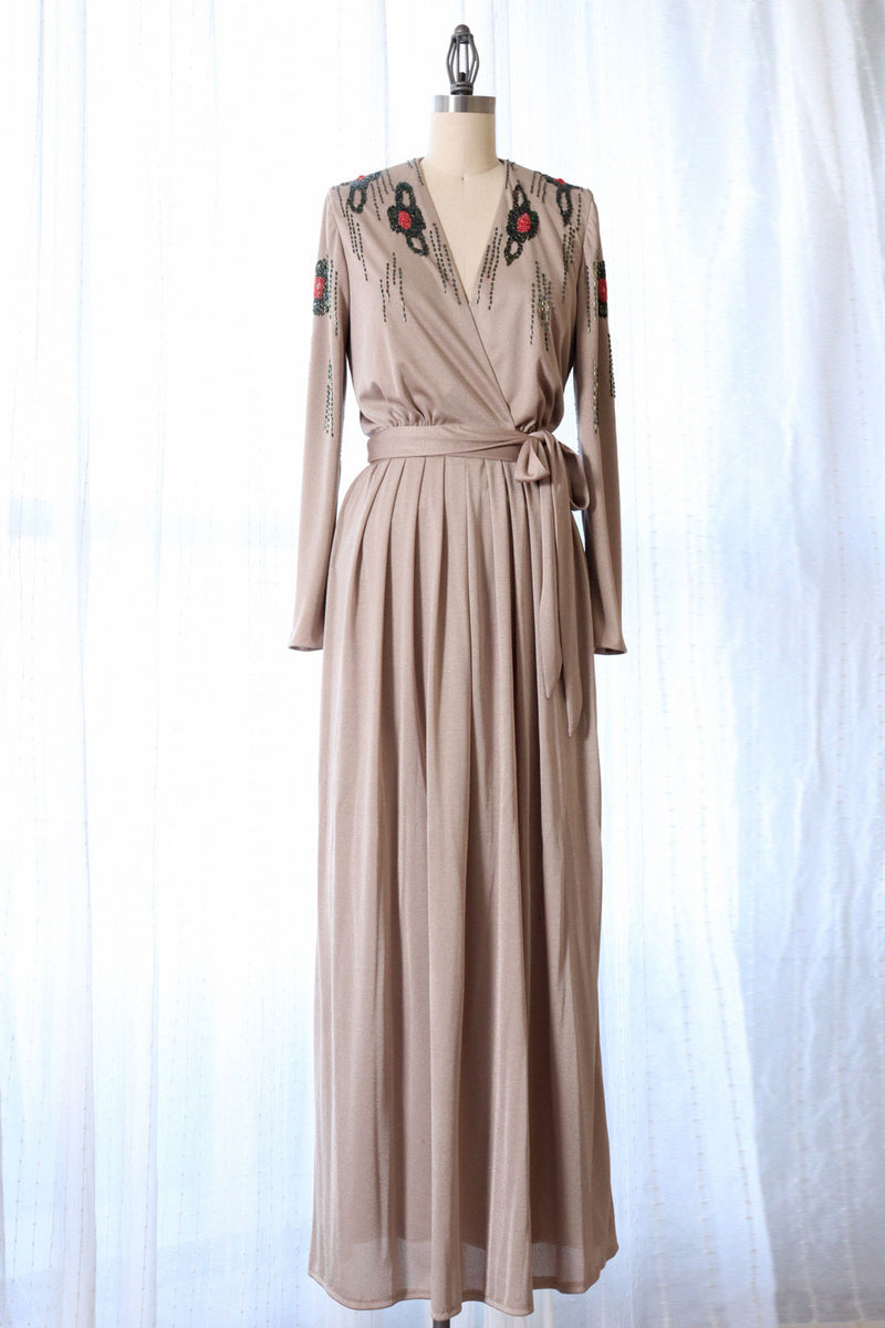 jack bryan dress designer SIZE S/M Vintage 70s Geometric Maxi Dress - Ruffle Chiffon Dress - Floor Length Purple and Gray Dress Ruffle Front Jack Bryan Designer