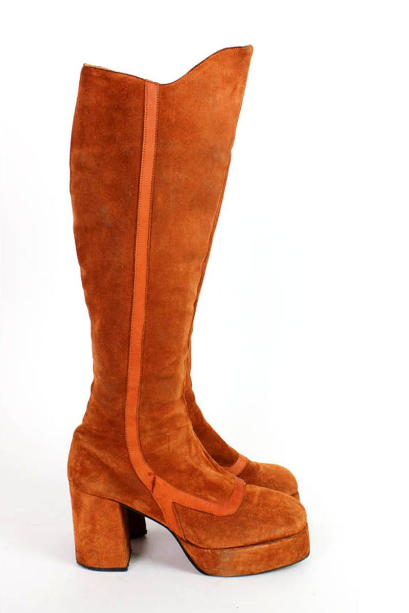 Men's Brown Orange Platform Ankle Boots - 70s Disco Pimp Costume Shoes - Size 11