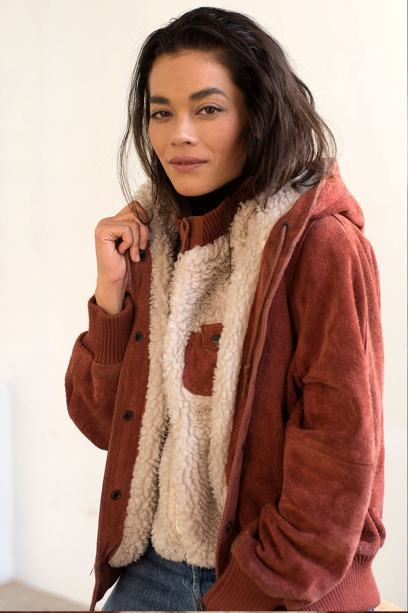 Hooded Suede Sherpa Coat S/M - Main Image