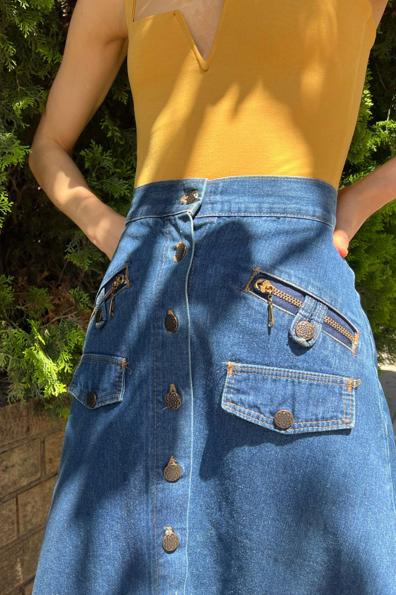 Denim Double Zip 70s Skirt XS