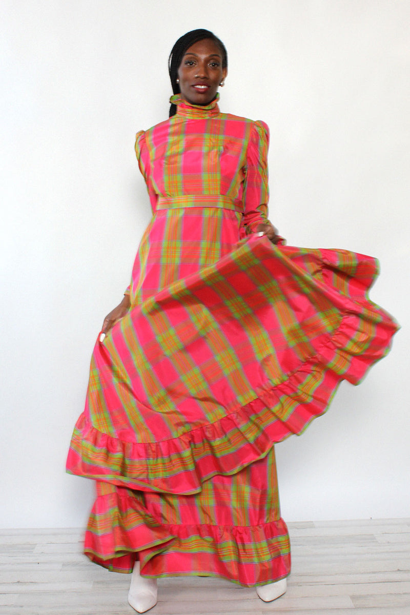Ruffled Lime Plaid Dream Dress M OMNIA Ruffled Lime Plaid Dream Dress M OMNIA