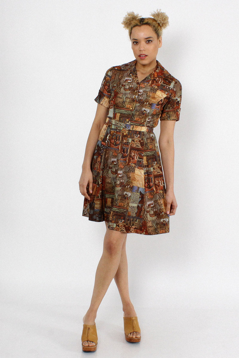 Medieval Print Flare Dress S/M OMNIA Medieval Print Flare Dress S/M OMNIA