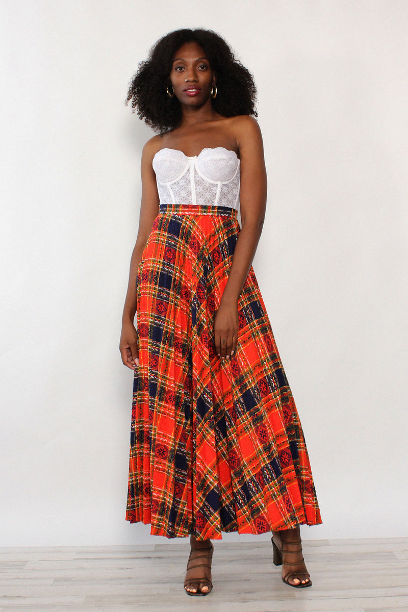 Tomato Red Plaid Pleat Maxi S/M