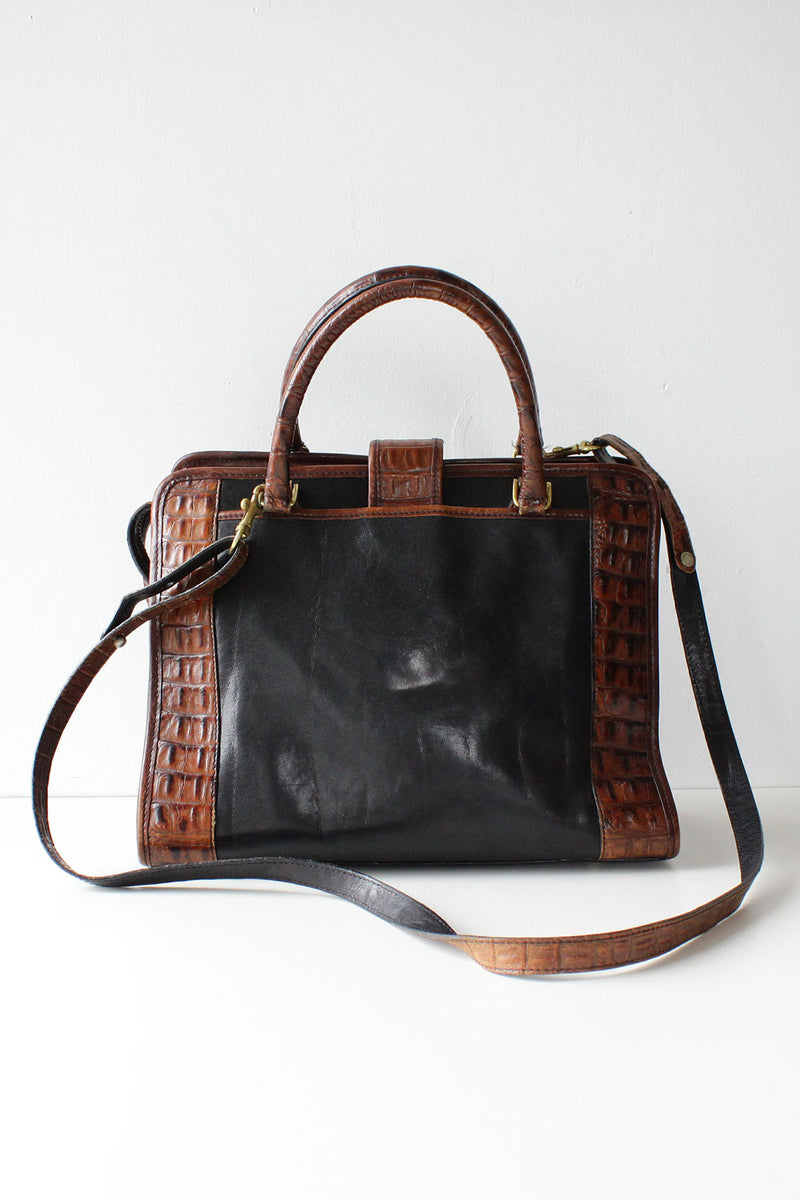 Vintage BRAHMIN Black Leather Brown Croc Embossed Leather Shoulder Bag