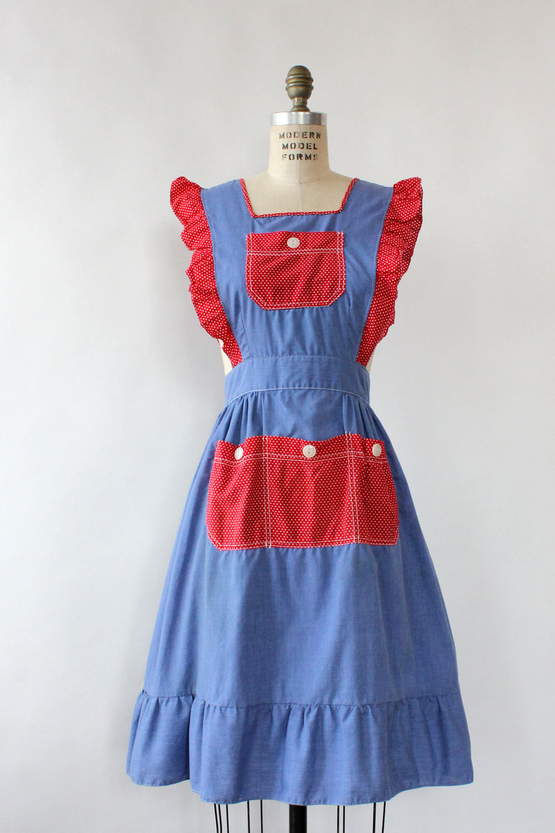 Chambray Polka Dot Pinafore S/M – OMNIA Chambray Polka Dot Pinafore S/M – OMNIA