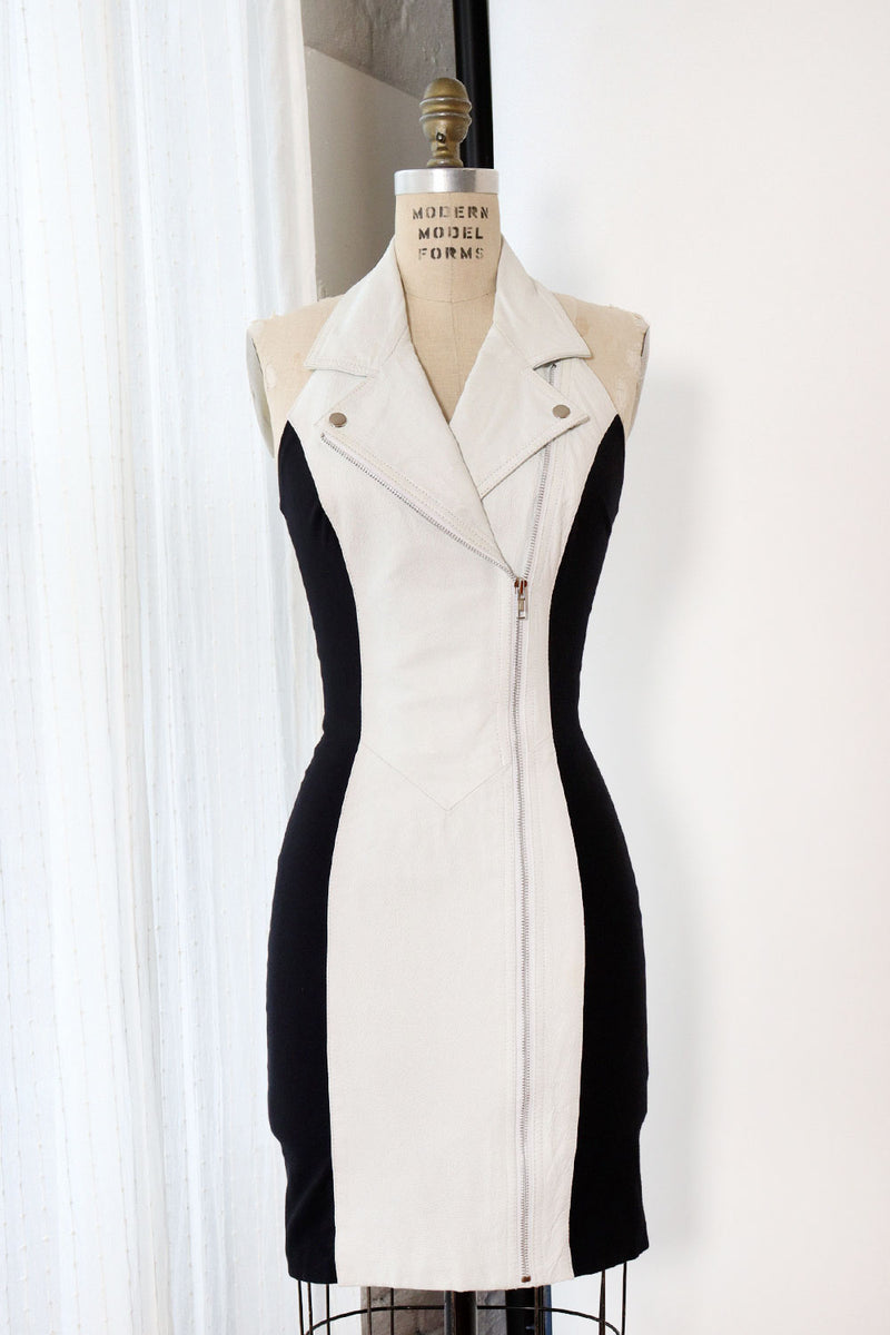 White Leather Moto Bodycon Dress S OMNIA White Leather Moto Bodycon Dress S OMNIA