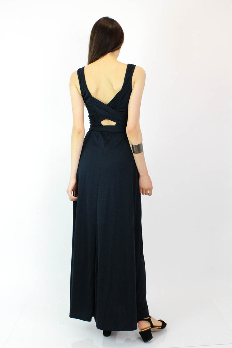 70s Black Open Back Maxi Dress S OMNIA 70s Black Open Back Maxi Dress S OMNIA