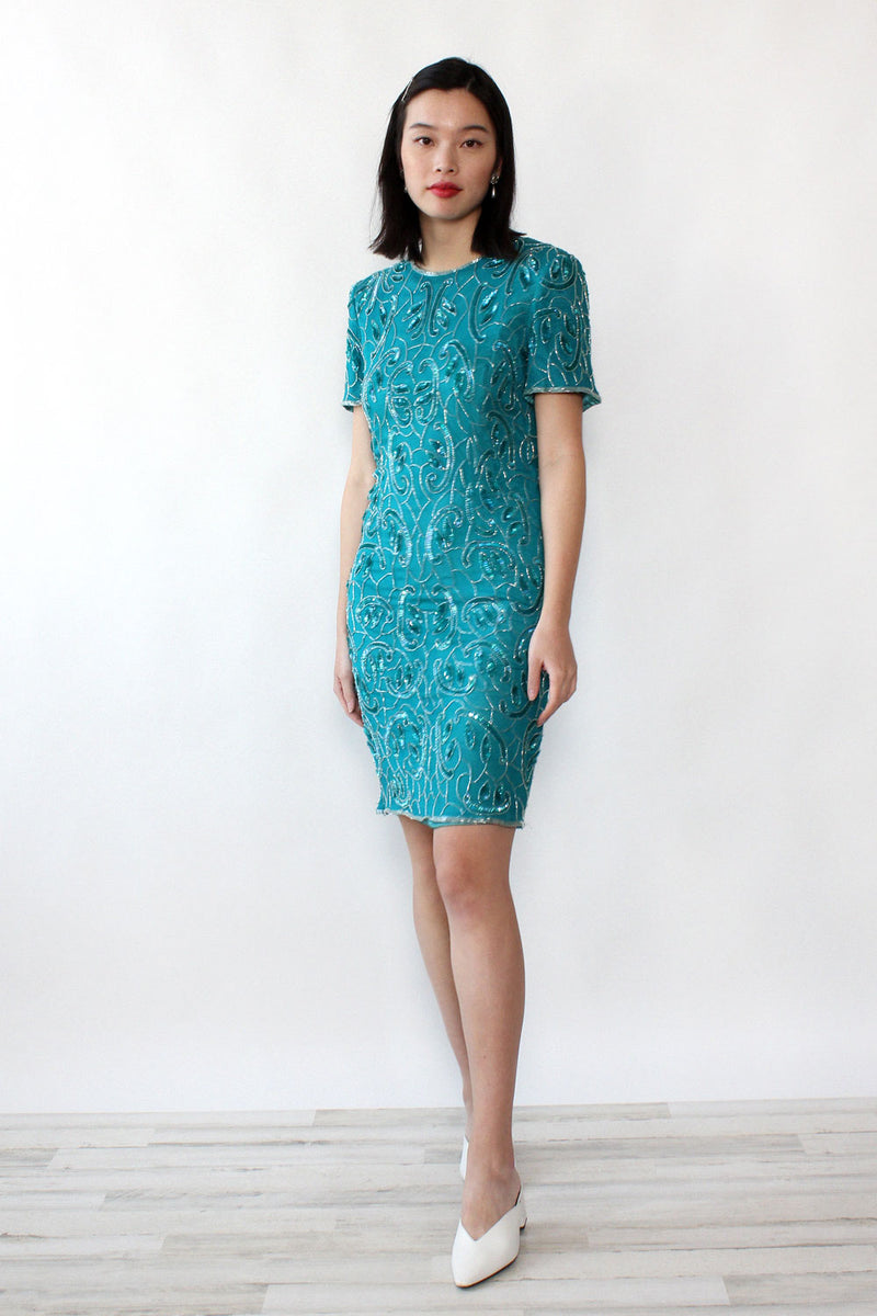 Turquoise Beaded Silk Dress S/M OMNIA Turquoise Beaded Silk Dress S/M OMNIA