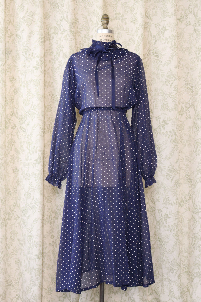 navy blue polka dot dress white collar Vintage 1960s Navy Polka Dot Dress with White Sailor Collar Size M