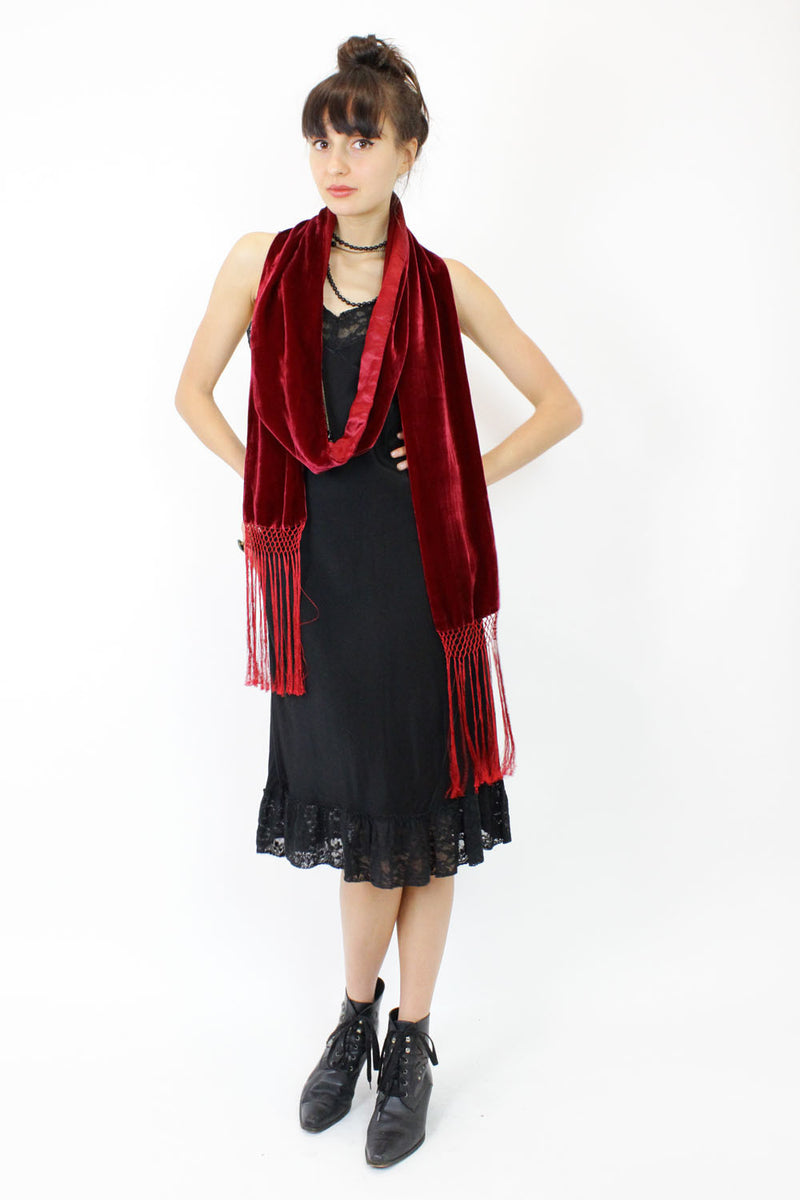 sangria red velvet fringe stole OMNIA sangria red velvet fringe stole OMNIA