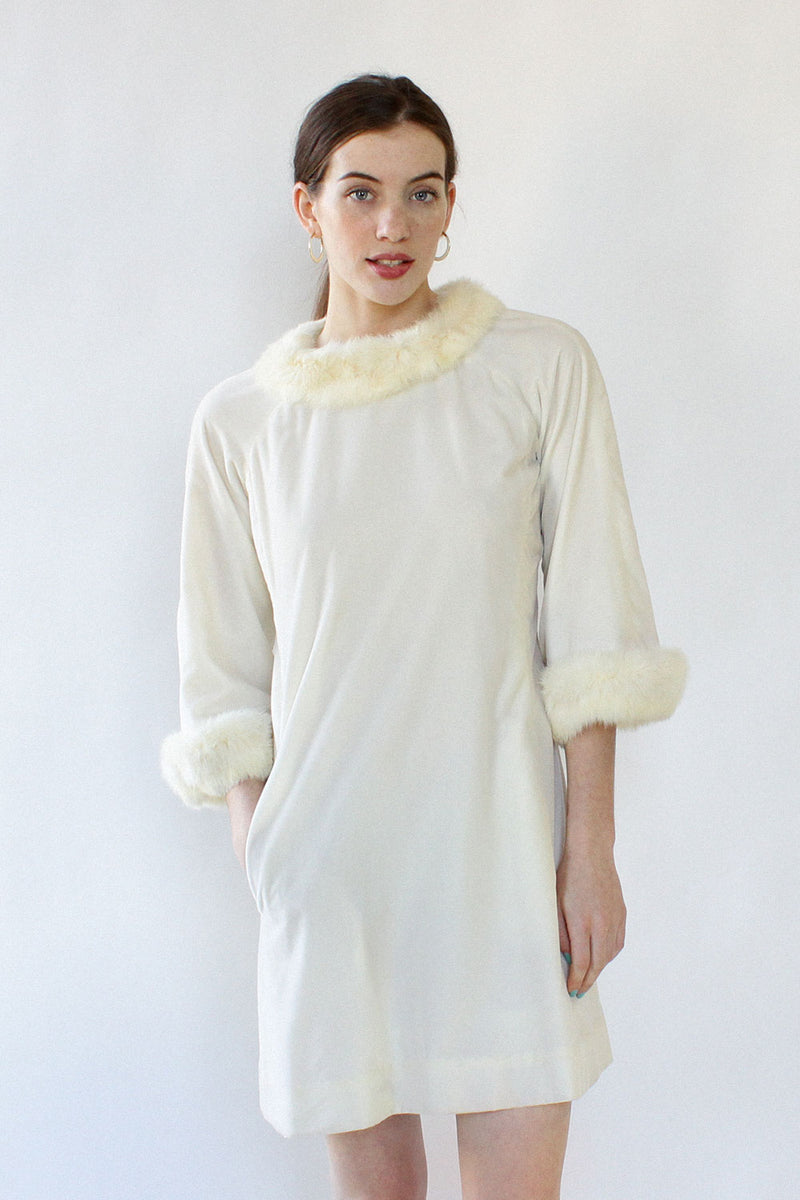 White Velvet Fur Trim Dress M OMNIA White Velvet Fur Trim Dress M OMNIA