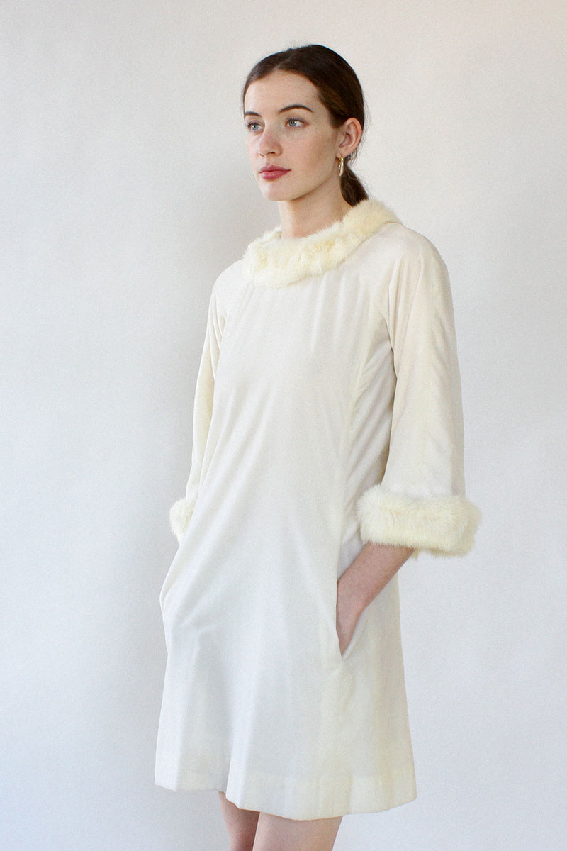 white velvet cocktail dress White Velvet Dress With Feathered Long Sleeves