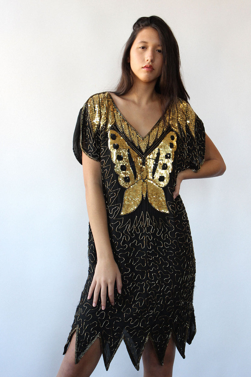 Golden Butterfly Sequin Silk Dress XS/S OMNIA Golden Butterfly Sequin Silk Dress XS/S OMNIA