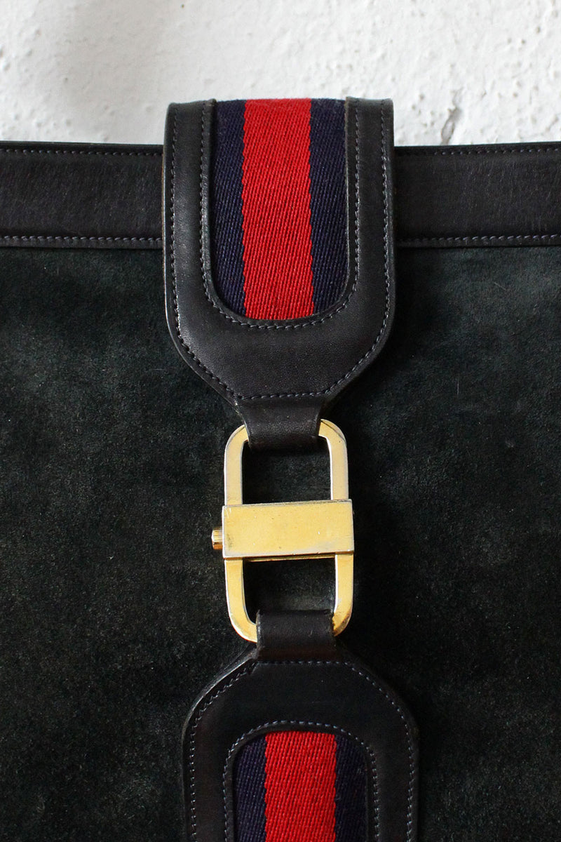 GUCCI Horsebit Vintage Suede Leather Shoulder Bag Black