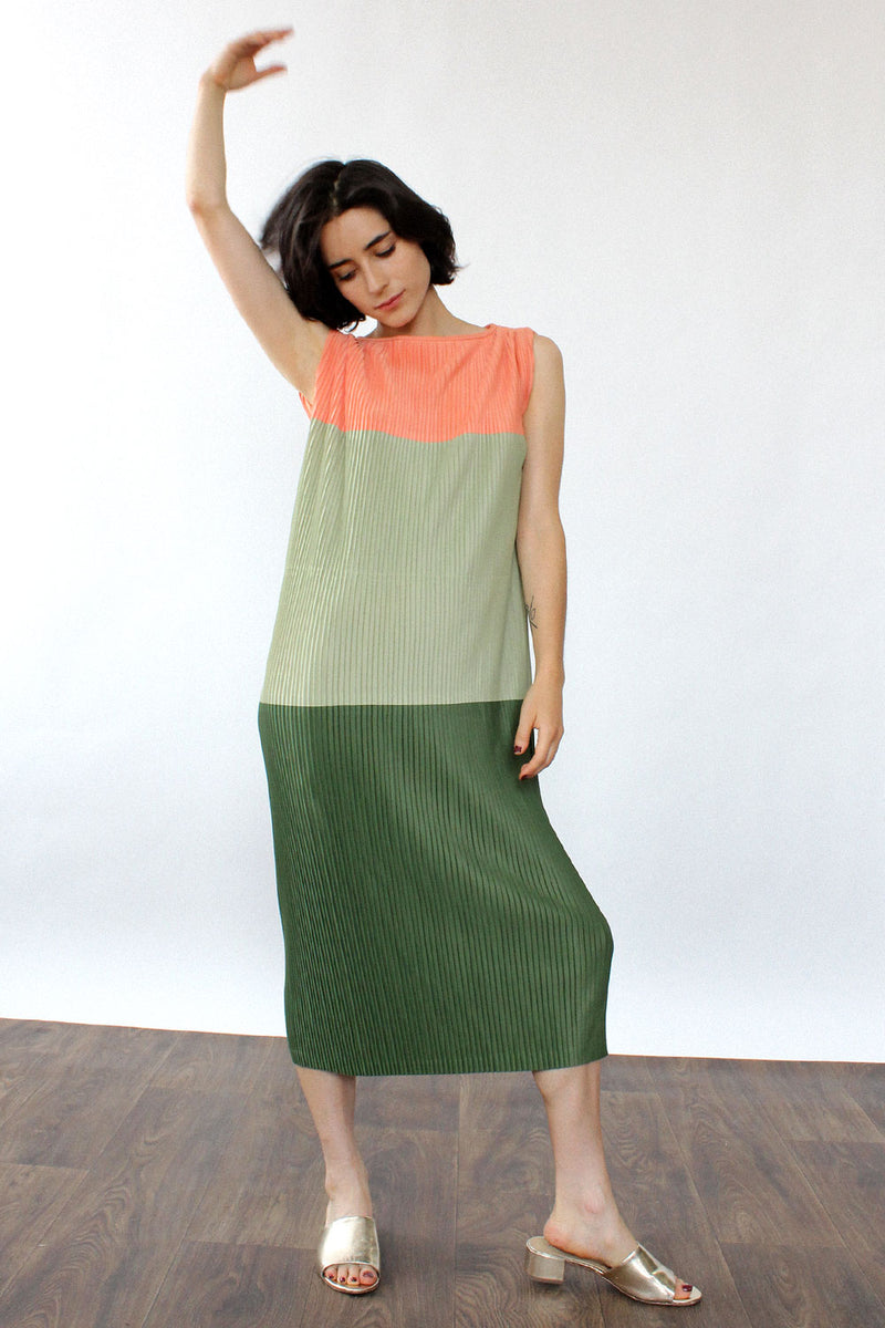 Watermelon Color Block Pleated Dress XS-M
