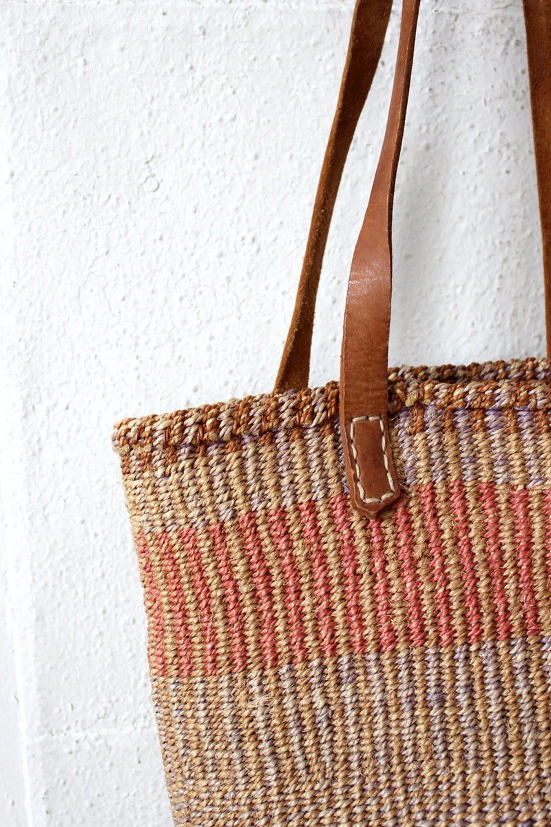 Natural Straw & Leather Market Bag Double Handle Top Zipper 