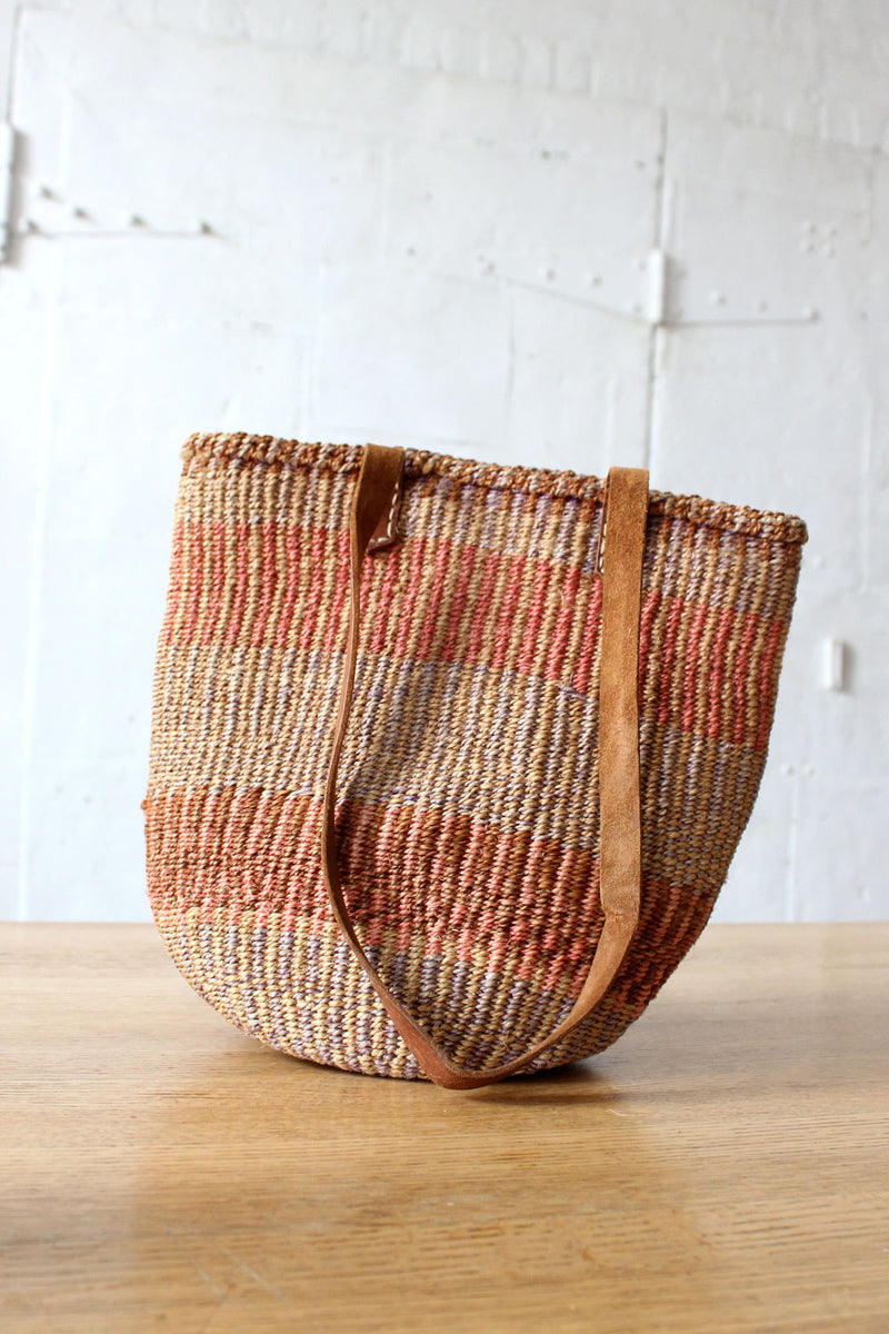 Natural Straw & Leather Market Bag Double Handle Top Zipper 