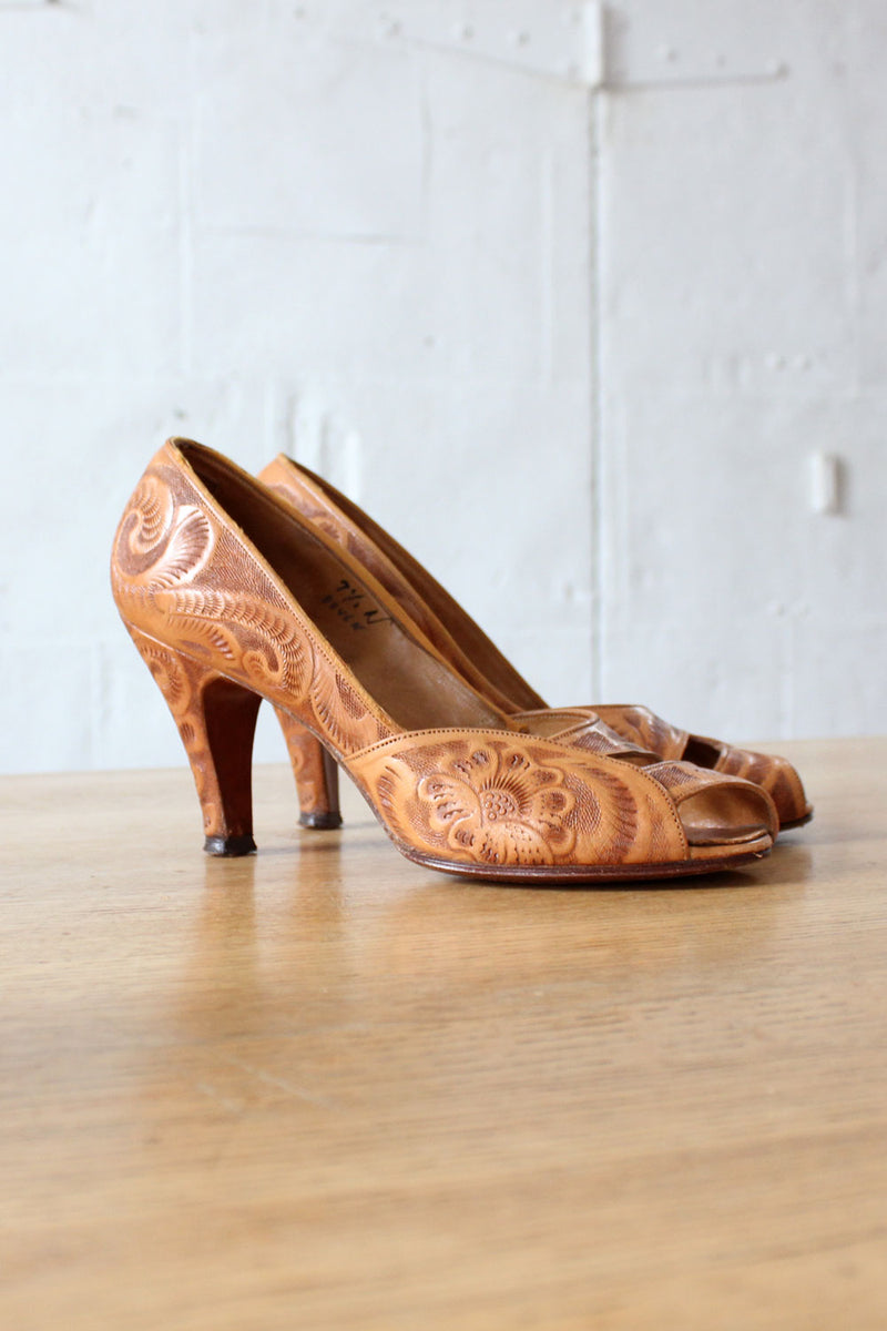 Tooled Leather Peep Toe Heels 1/2