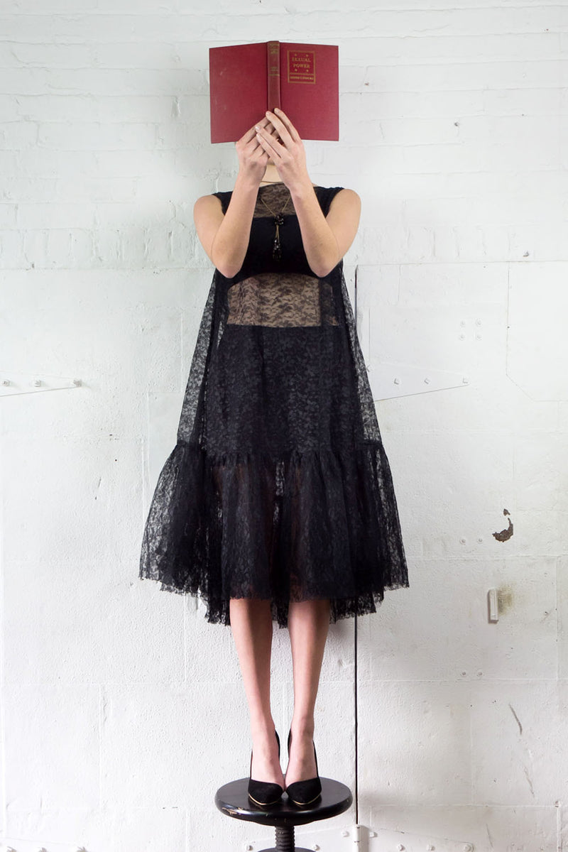 lace trapeze dress Onyx Cluny Lace Trapeze Gown with Faille Skirt and Bow Detail