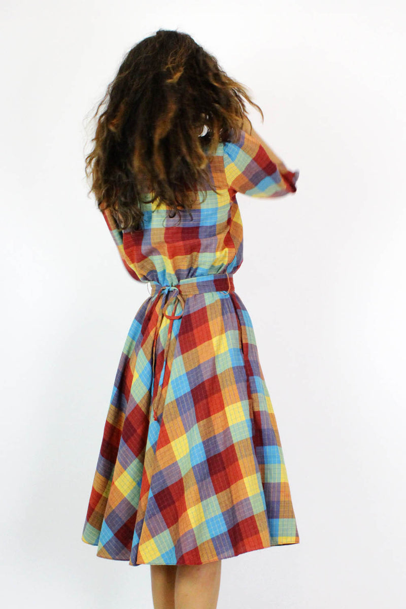 vintage plaid dress Rainbow Plaid 80s Flare Dress M – OMNIA