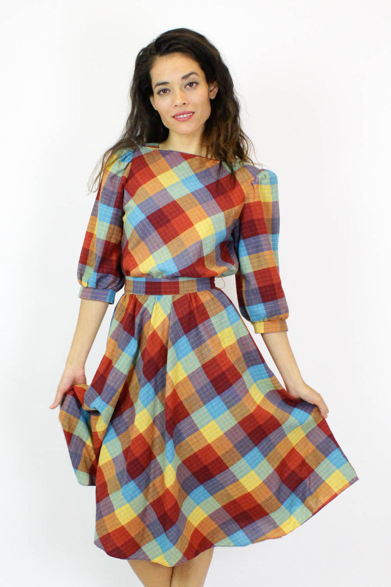 Rainbow Plaid 80s Flare Dress M OMNIA Rainbow Plaid 80s Flare Dress M OMNIA