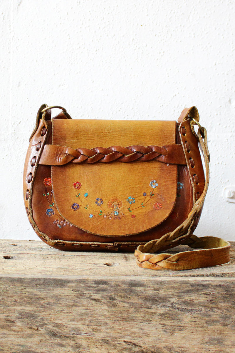 Unusual 70s TOOLED LEATHER Bag Embossed Bohemian Handbag