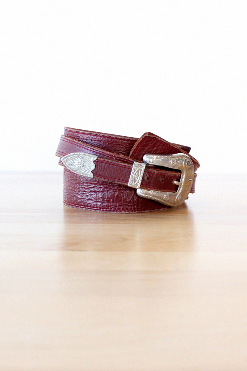 CTM Leather Western Belt - Floral Embossed, 1 3/8" Wide, Removable Buckle, Size 38, Red