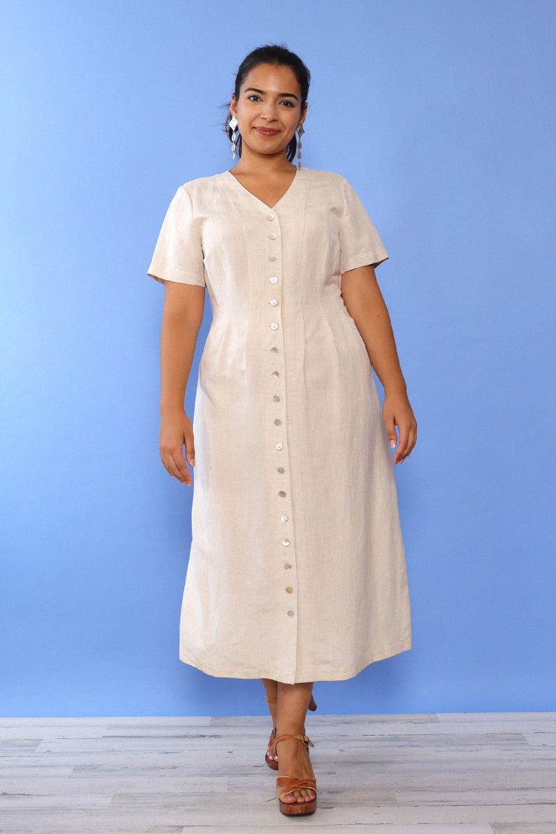 Orvis Tan Linen Button Dress L OMNIA Orvis Tan Linen Button Dress L OMNIA