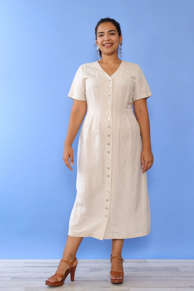 Orvis Tan Linen Button Dress L OMNIA Orvis Tan Linen Button Dress L OMNIA