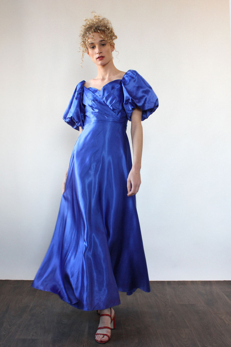 Klein Blue Satin Puff Sleeve Gown S OMNIA Klein Blue Satin Puff Sleeve Gown S OMNIA