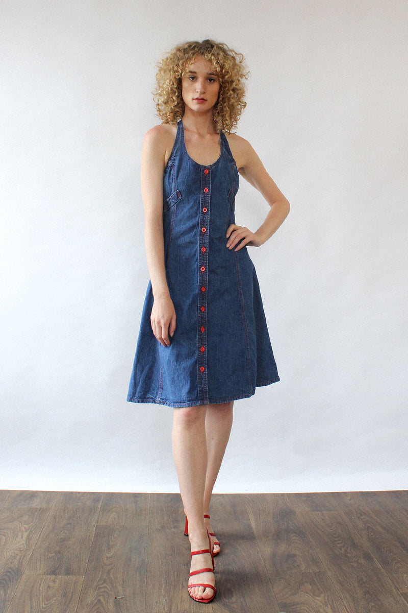 landlubber denim dress 1970s Landlubber snap up denim dress