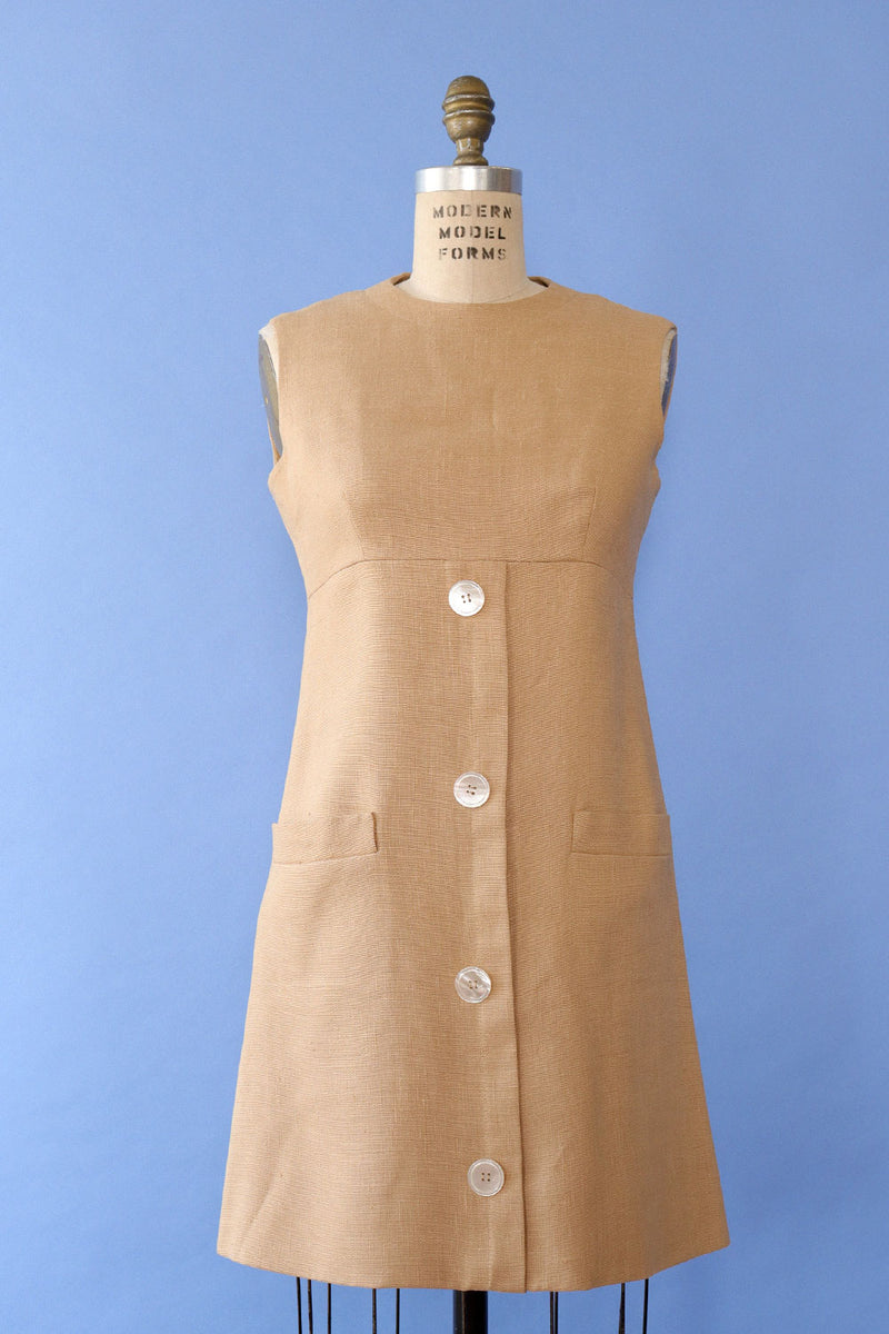 Caf Tan Linen Shift Dress S OMNIA Caf Tan Linen Shift Dress S OMNIA