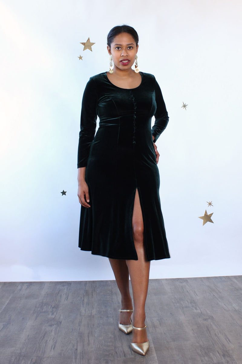 Emerald Velvet Button Dress M OMNIA Emerald Velvet Button Dress M OMNIA