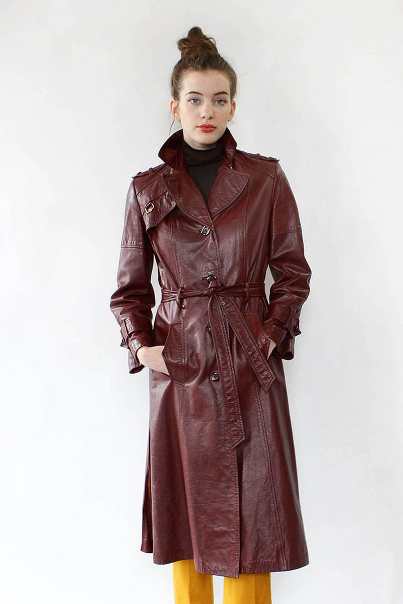 Vintage Wine Red Leather Trench Coat
